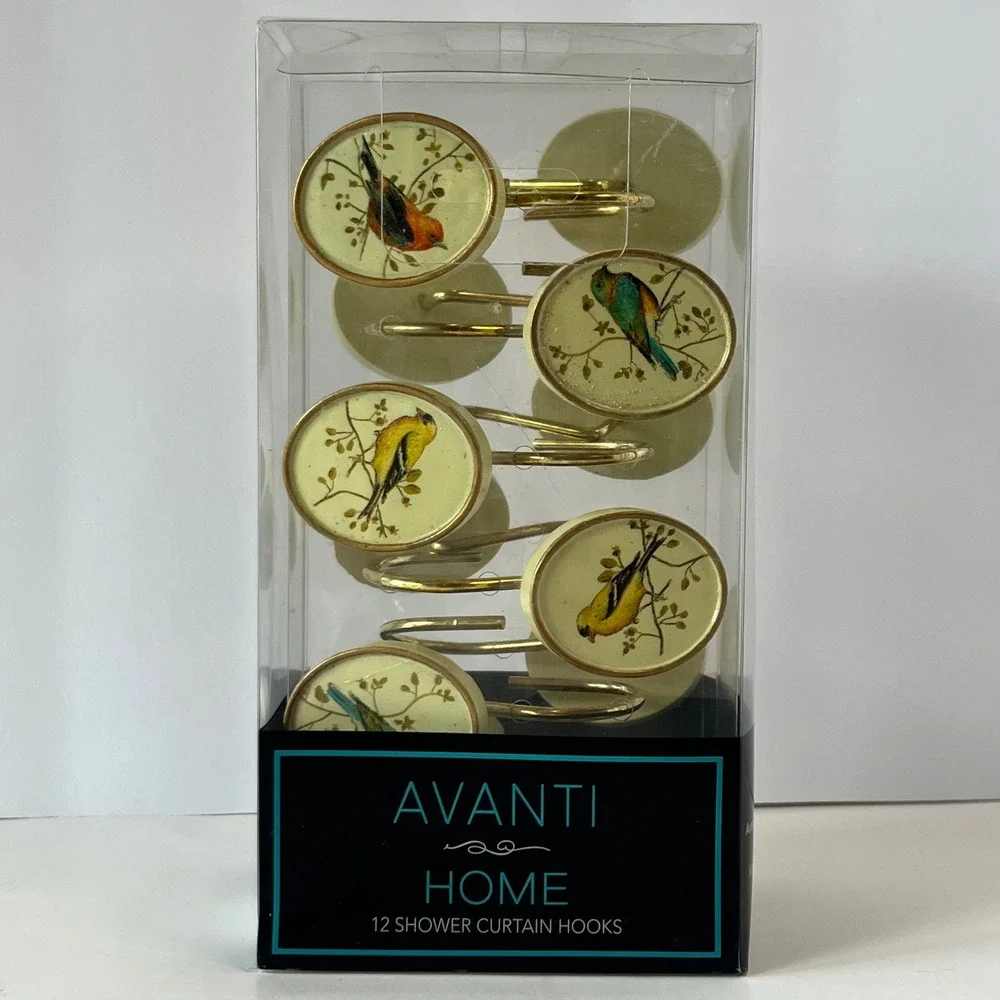Avanti Gilded Birds Shower Curtain Hooks 12pc Set Ivory Gold Chad Barrett 11984G
